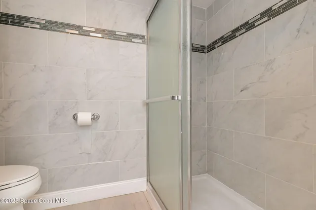 a bathroom with a shower and a toilet