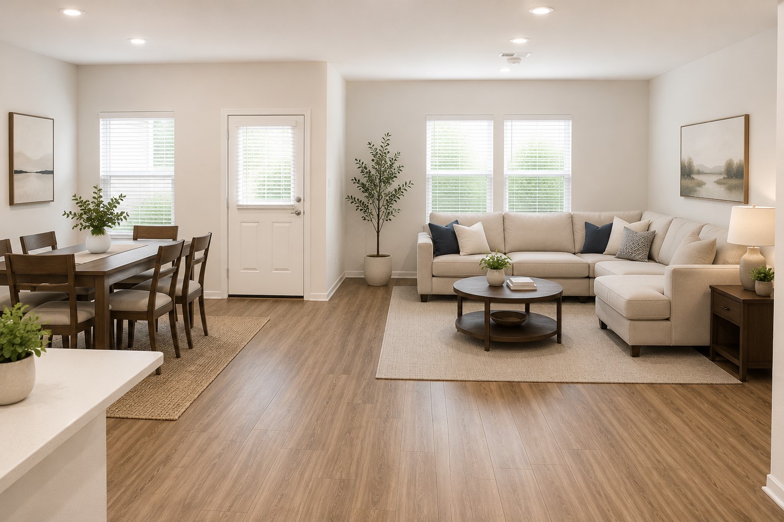 828 Mallow Road Leander, TX 78641 - Photo 6 of 14 Natural light illuminates this open-concept living space, featuring warm wood flooring throughout the dining and living areas.