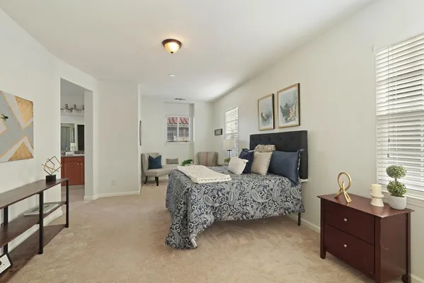 a bedroom with a bed and a lamp with the potted plants