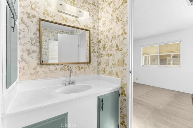 a bathroom with a sink and a mirror