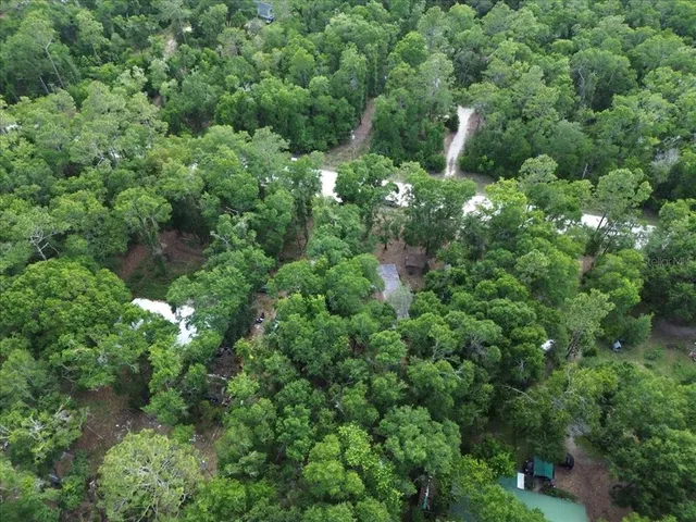 an aerial view of residential house with outdoor space and trees all around