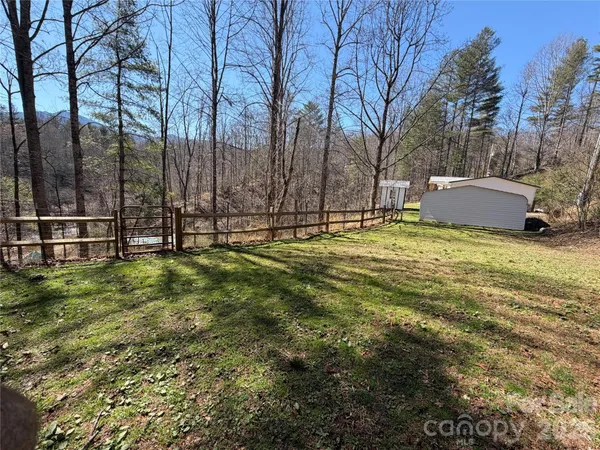 a view of a yard with large trees