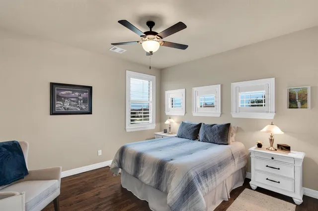 a bedroom with a large bed and two couches