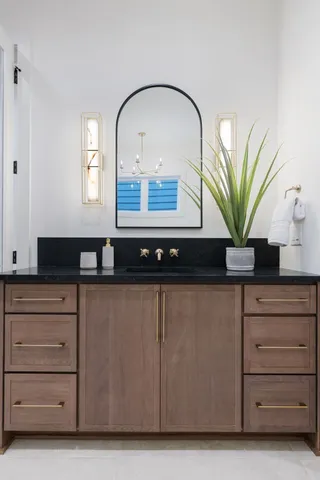 a close view of a sink a mirror and a potted plant on a dresser