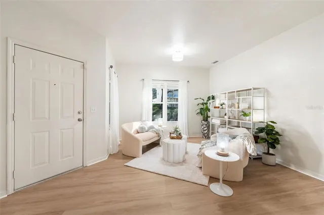 a living room with furniture and a potted plant