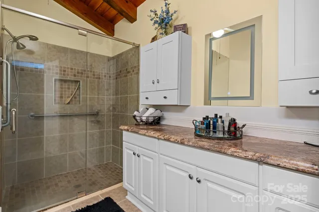 a bathroom with a granite countertop sink a mirror and shower