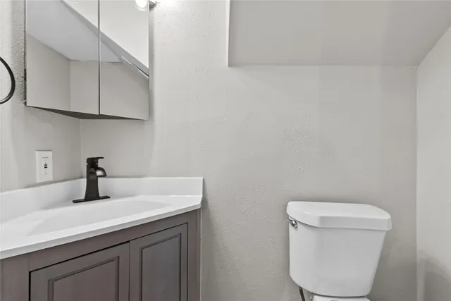 a bathroom with a sink a toilet and a mirror