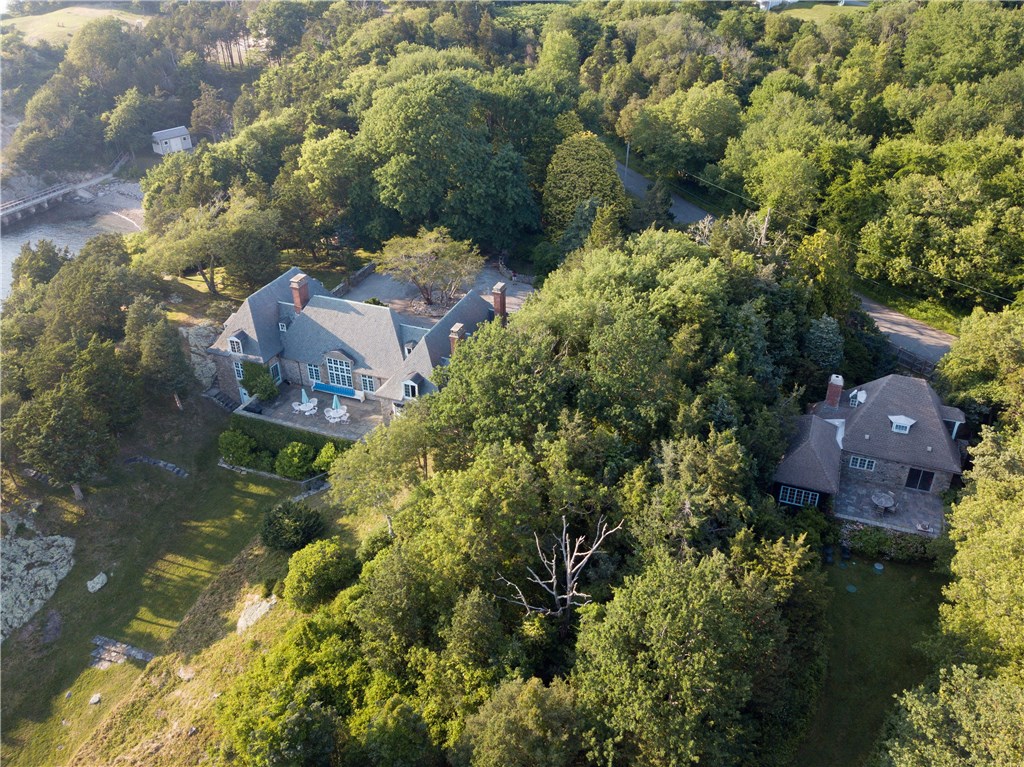 216 Highland Drive Jamestown, RI 02835 - Photo 29 of 39 Aerial view of Stone House and Flagstones, the guest cottage and former gate house.