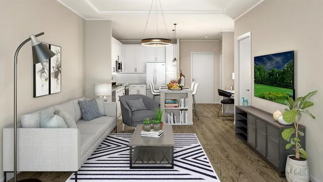 a living room with furniture a flat screen tv and a floor to ceiling window