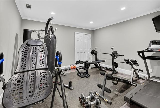 an aerial view of a house with a garden