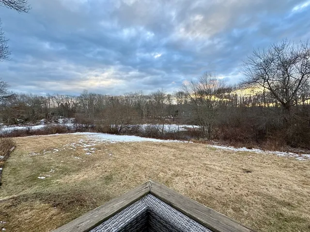 a view of a yard with snow on the side of road