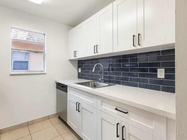a close view of a sink and dishwasher with white cabinets