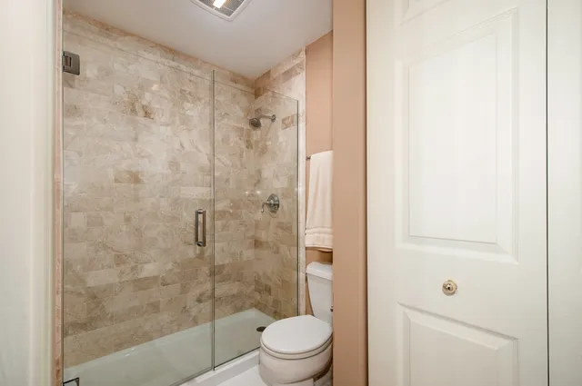 a bathroom with a shower and a toilet