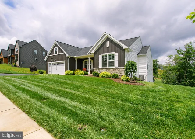 a front view of house with yard and green space
