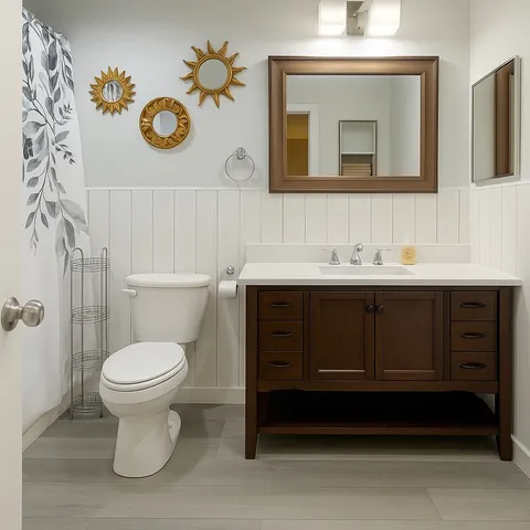 a bathroom with a toilet a sink and a mirror