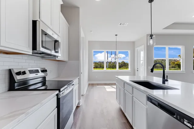 a kitchen with stainless steel appliances a sink a stove and a wooden cabinets