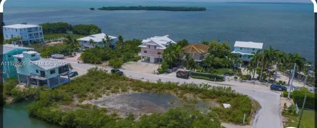 an aerial view of a house with a yard and lake view