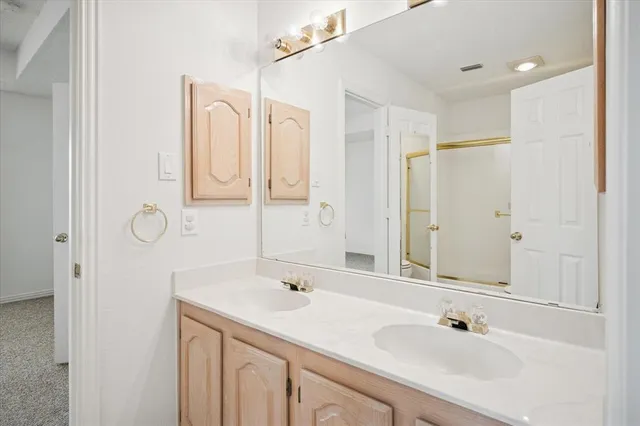 a bathroom with a sink a shower and a mirror