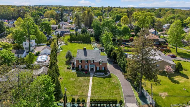 a view of a swimming pool with lawn chairs and plants