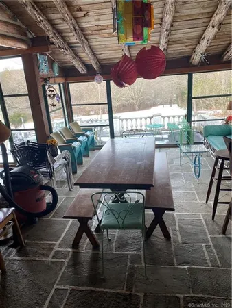 a view of a chairs and table in patio