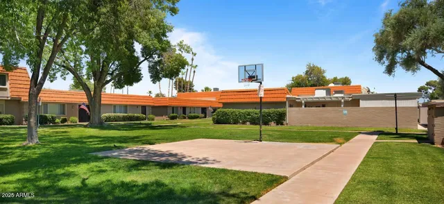 a view of a park with large trees