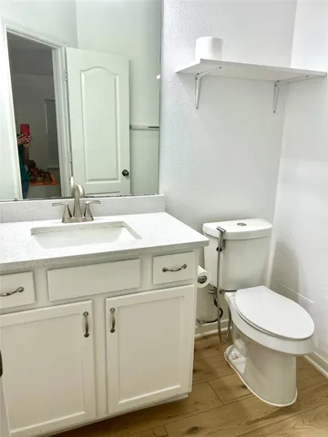 a bathroom with a sink toilet vanity and mirror