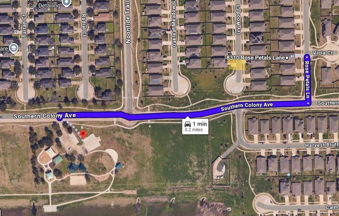 8310 Rose Petals Lane Rosharon, TX 77583 - Photo 42 of 43 The aerial view shows the home located only about 0.2 miles from a neighborhood park, making it an easy walking distance for residents. Families can conveniently take their kids to the nearby park to enjoy the playground, open green space, and walking paths. The surrounding area consists primarily of single-family homes with sidewalks and neighborhood streets, providing safe and convenient access to this community amenity.