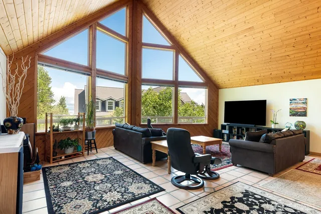 a living room with furniture floor to ceiling window hardwood and a rug