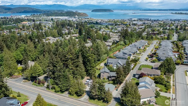an aerial view of a house with a yard and plants