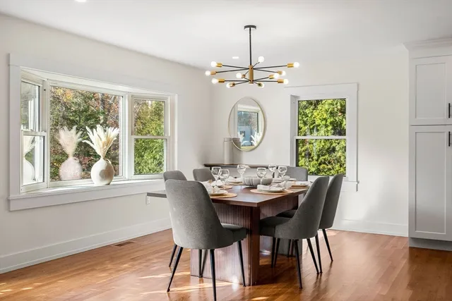 a view of a dining room with a table and chairs
