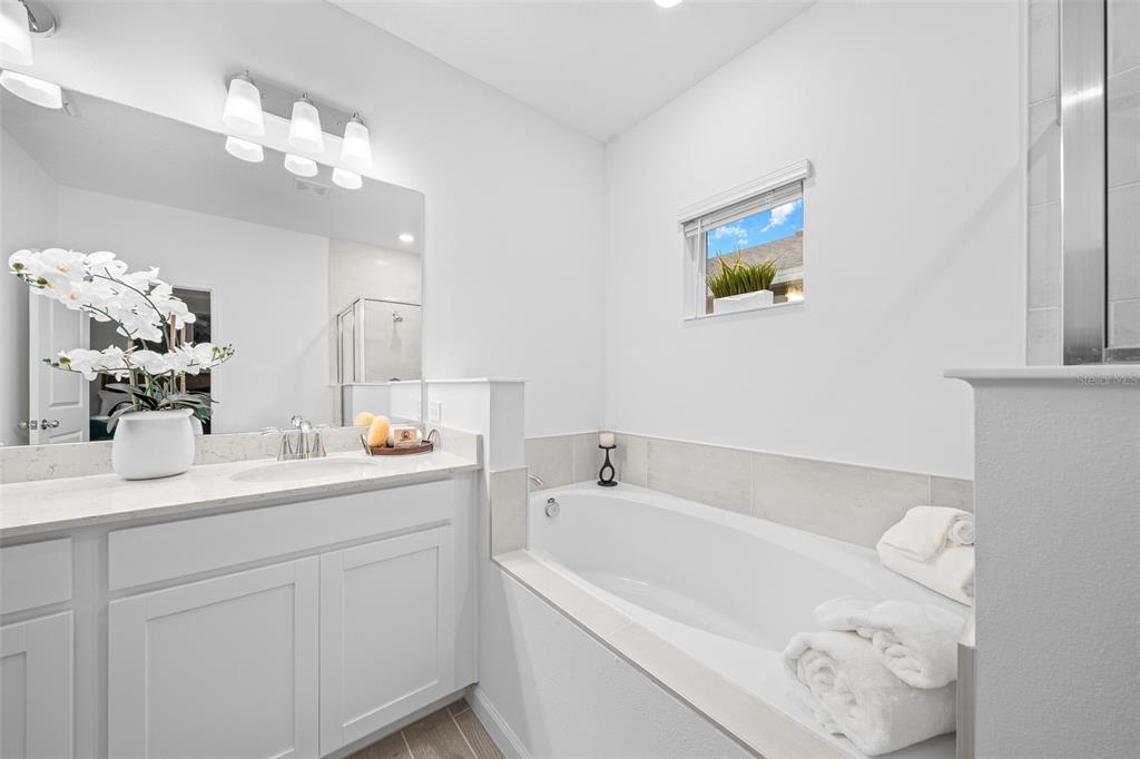 8735 Southwest 67th Circle Ocala, FL 34476 - Photo 29 of 35 a bathroom with a sink a mirror and a bathtub