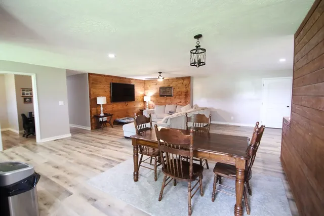 a view of a dining room with furniture