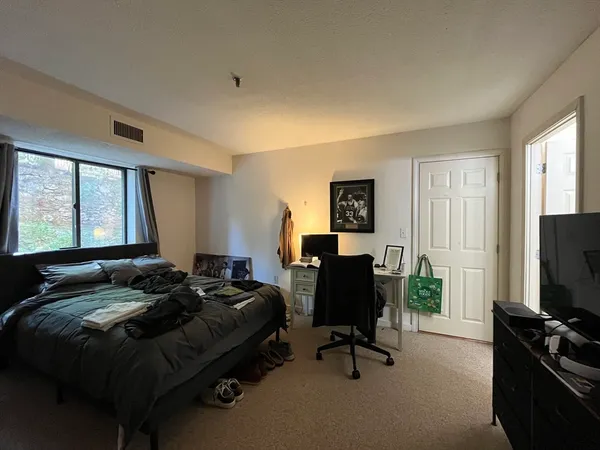 a bedroom with a bed and a flat screen tv