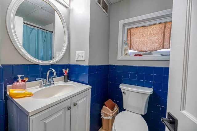 a bathroom with a toilet a sink and a mirror