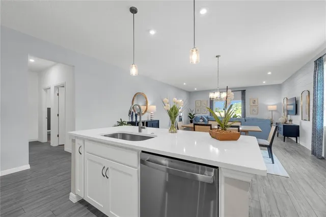 a kitchen with a sink a counter space and wooden floor