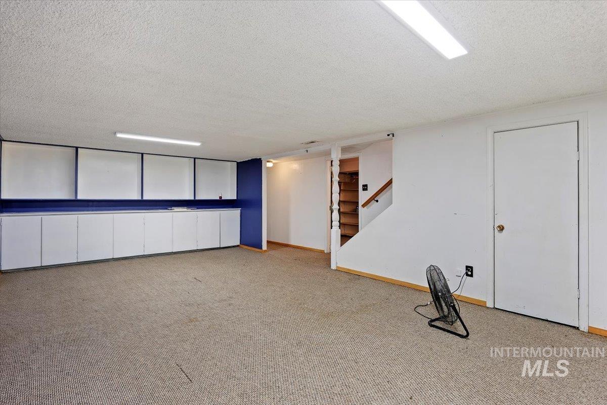 305 Lucille Street Kimberly, ID 83341 - Photo 18 of 36 Finished below grade area with a textured ceiling, stairs, and carpet flooring