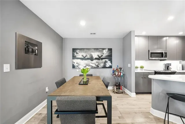 a view of a dining room with furniture