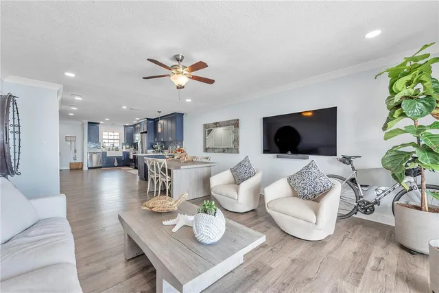 a living room with furniture kitchen view and a potted plant