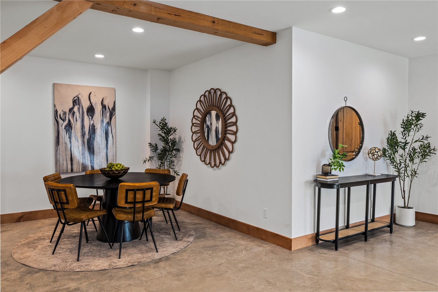 200 Sundance Court, Unit 1 Steamboat Springs, CO 80487 - Photo 26 of 50 Dining space with recessed lighting, concrete floors, and beamed ceiling
