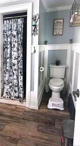 a bathroom with a toilet and a shower curtain