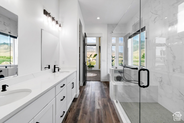 1952 Highway 118 Monroe, UT 84754 - Photo 44 of 88 Bathroom featuring healthy amount of natural light, double vanity, a marble finish shower, and recessed lighting