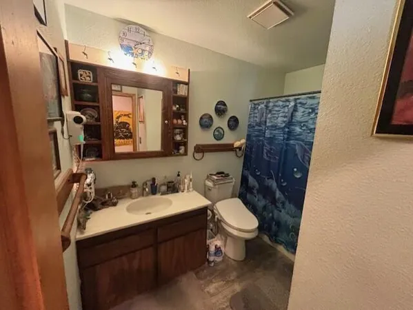 a bathroom with a toilet sink a mirror a vanity and shower