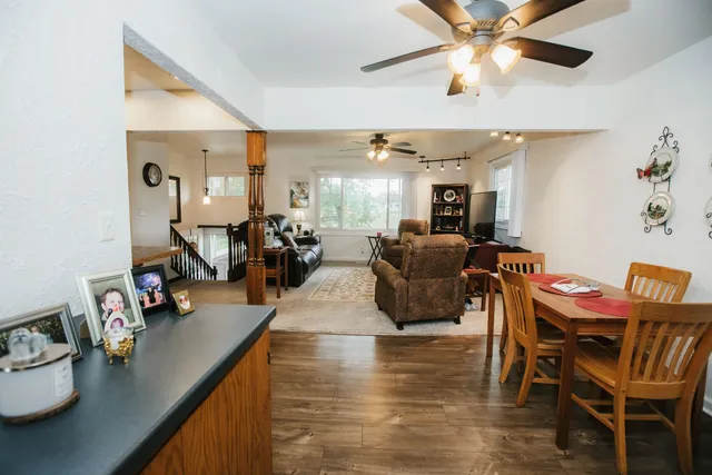 a view of a dining room with furniture
