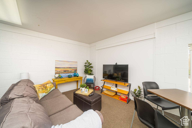 52 South Main Street Paris, ID 83261 - Photo 8 of 27 Living area with concrete block wall and carpet flooring