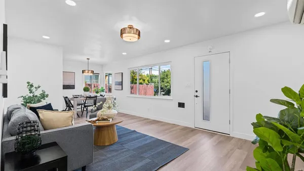 a living room with furniture and a potted plant