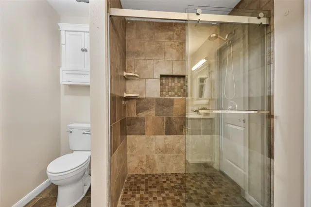 a bathroom with a shower and a toilet