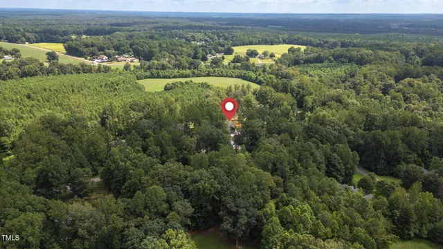 an aerial view of residential houses with outdoor space and trees