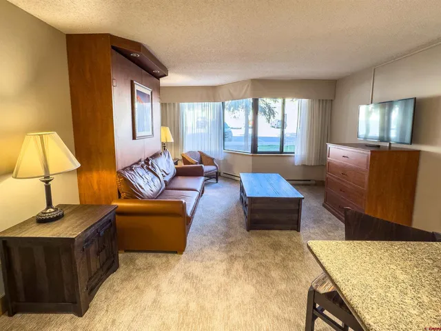 a living room with furniture and a kitchen