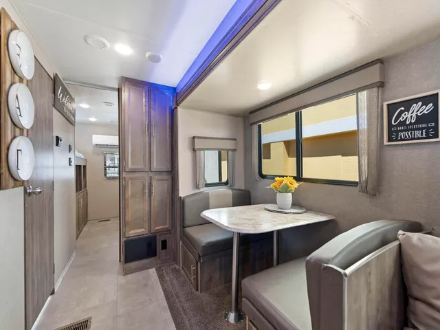 a workspace with furniture and window