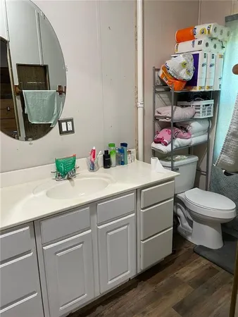 a bathroom with a toilet sink and mirror